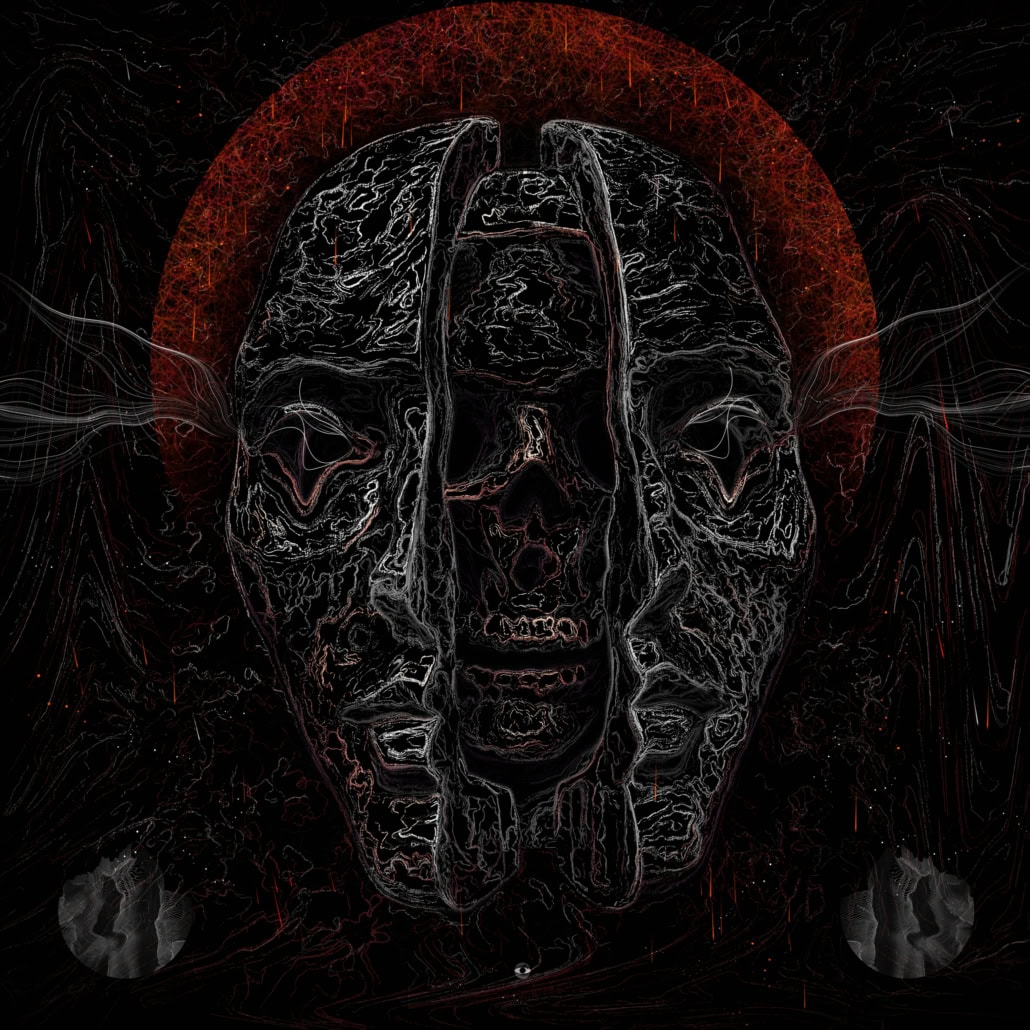Cabeza oscura dividida en tres con calavera central y halo rojo, con líneas onduladas desde los ojos.