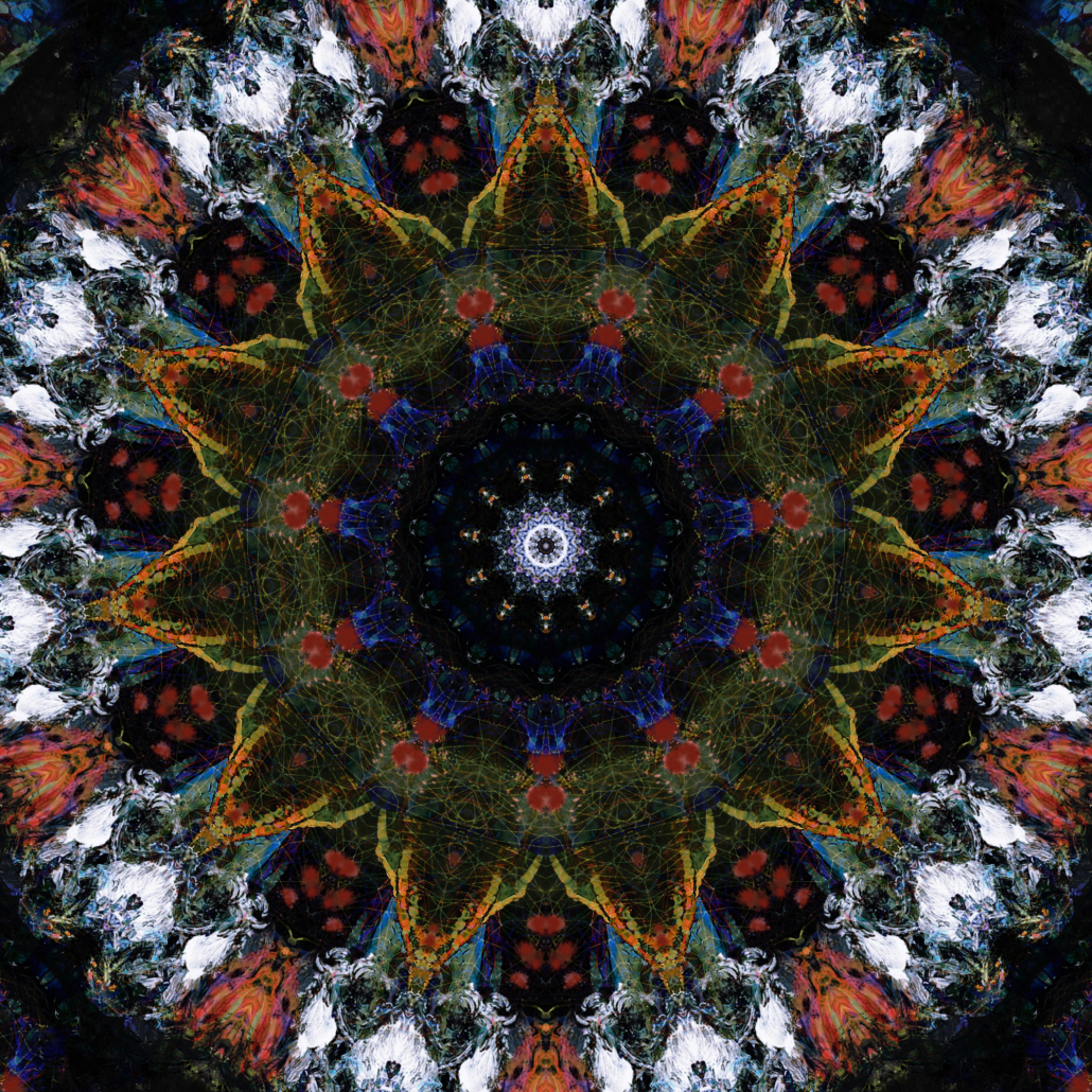 Mandala simétrico circular con patrones detallados en negros, blancos, naranjas y rojos.