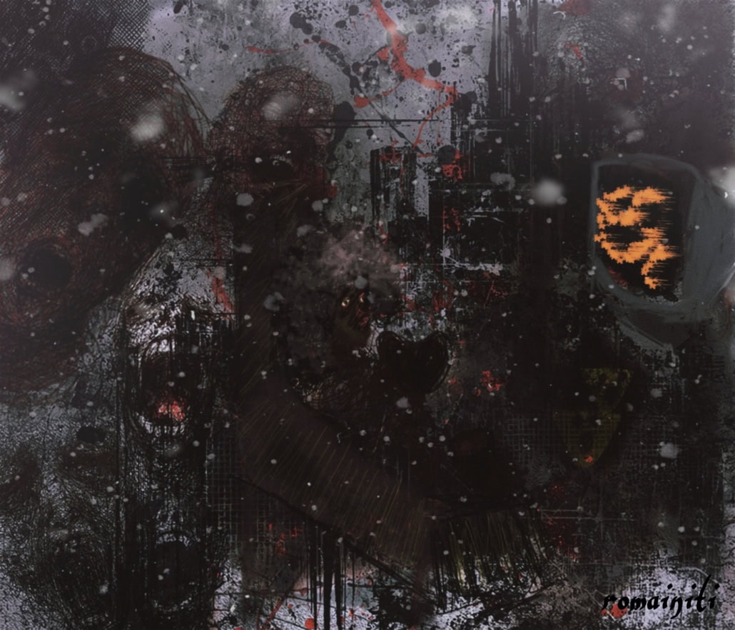 Ilustración abstracta oscura con rostros y figuras difusas, salpicaduras rojas y fondo sombrío.