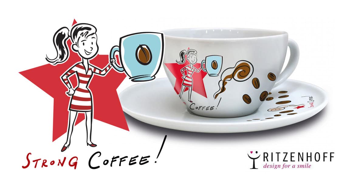 Coffee cup with cartoon girl, coffee beans, and "Ritzenhoff" branding, highlighting strong coffee.
