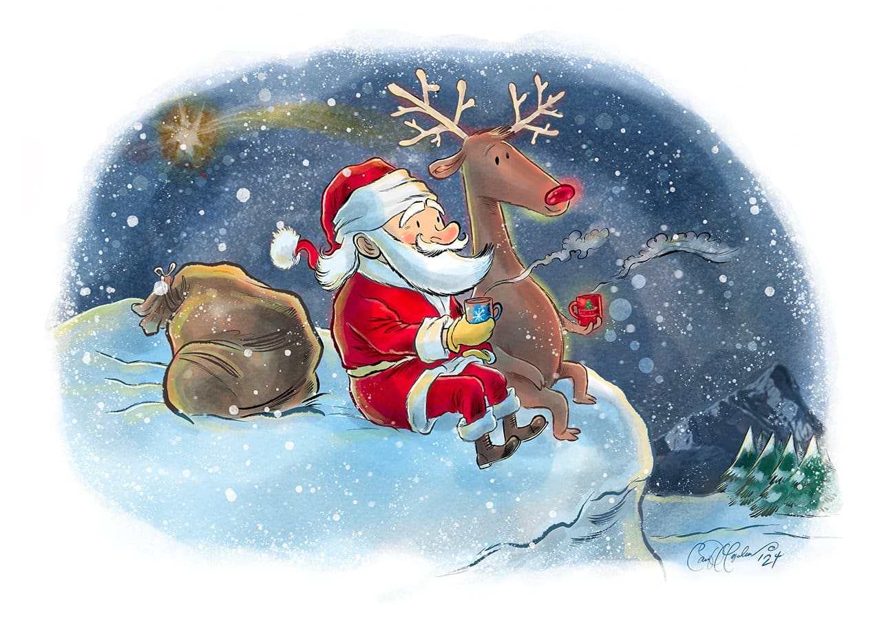 Santa and Rudolph share hot chocolate on a snowy mountain, a festive scene illustrated by Ian David Marsden