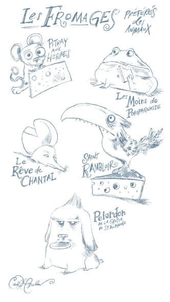 Whimsical illustration of animals with cheeses labeled in playful French names.