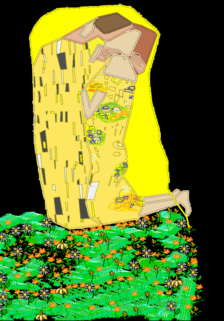 Ilustración digital geométrica de figura humana amarilla sobre campo verde con flores diversas.