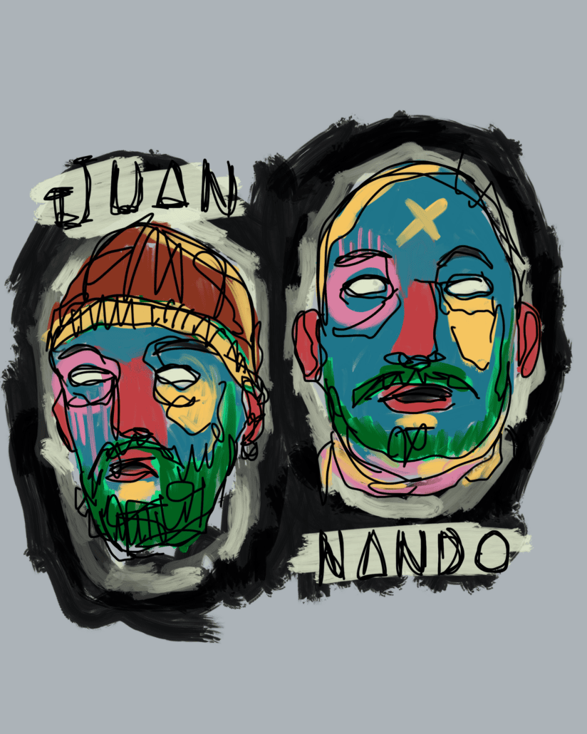 Dibujo abstracto colorido de dos rostros masculinos con líneas negras y textos Juan y Nando.