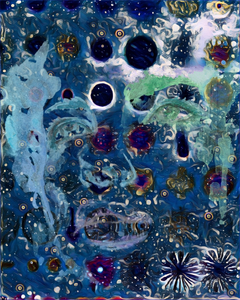 Ilustración abstracta azul con rostro, formas circulares oscuras y elementos acuáticos o cósmicos.