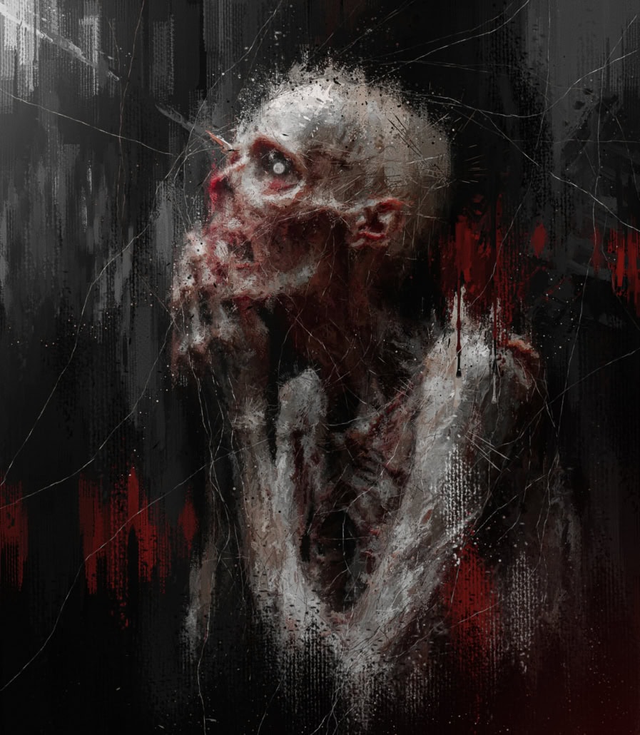 Figura humana descompuesta en tonos oscuros con detalles rojos y blancos sobre fondo negro.