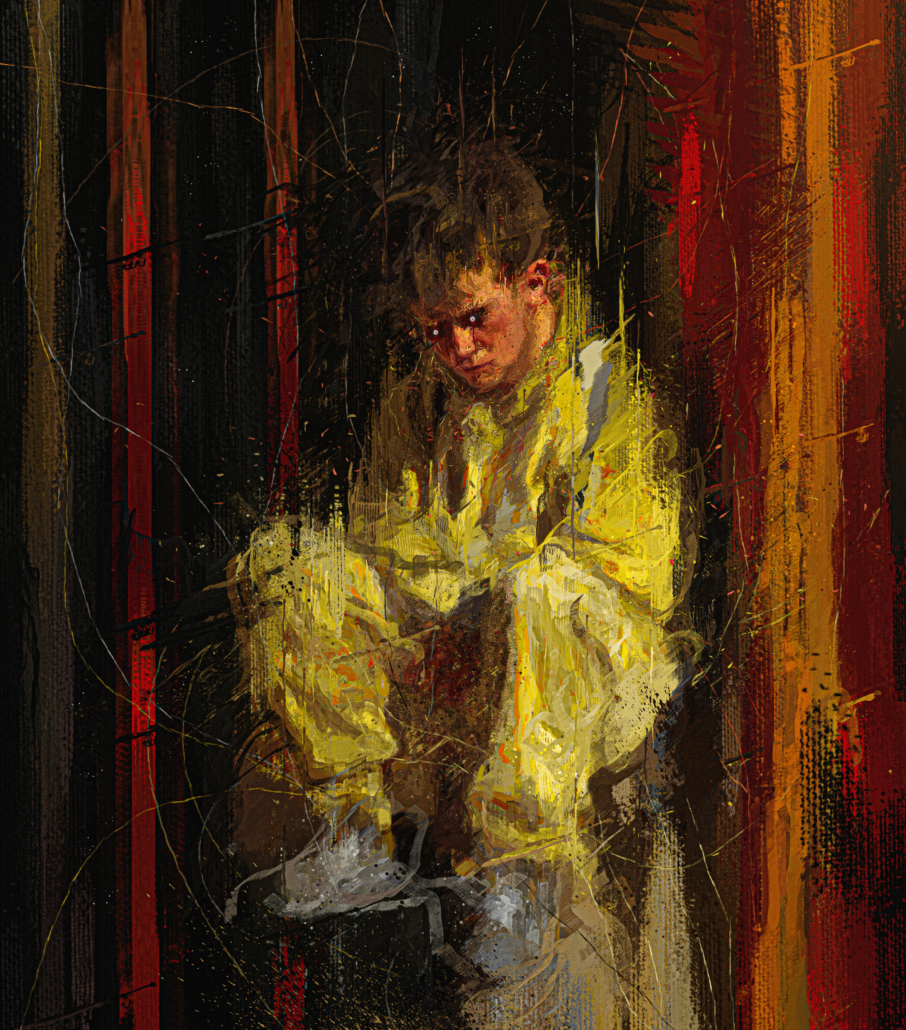 Persona sentada con ropa amarilla en pintura abstracta sobre fondo oscuro y líneas verticales rojas y naranjas