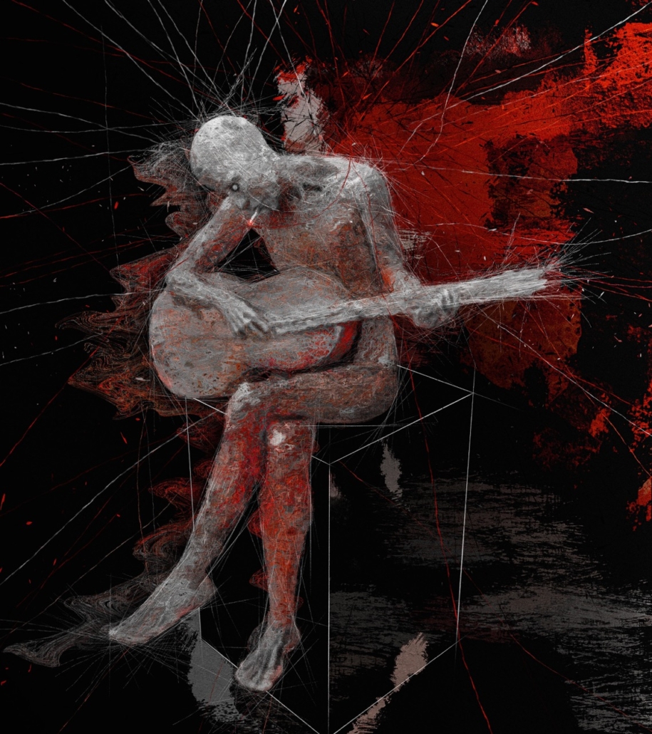 Figura abstracta sentada tocando guitarra con líneas blancas y rojas sobre fondo oscuro.
