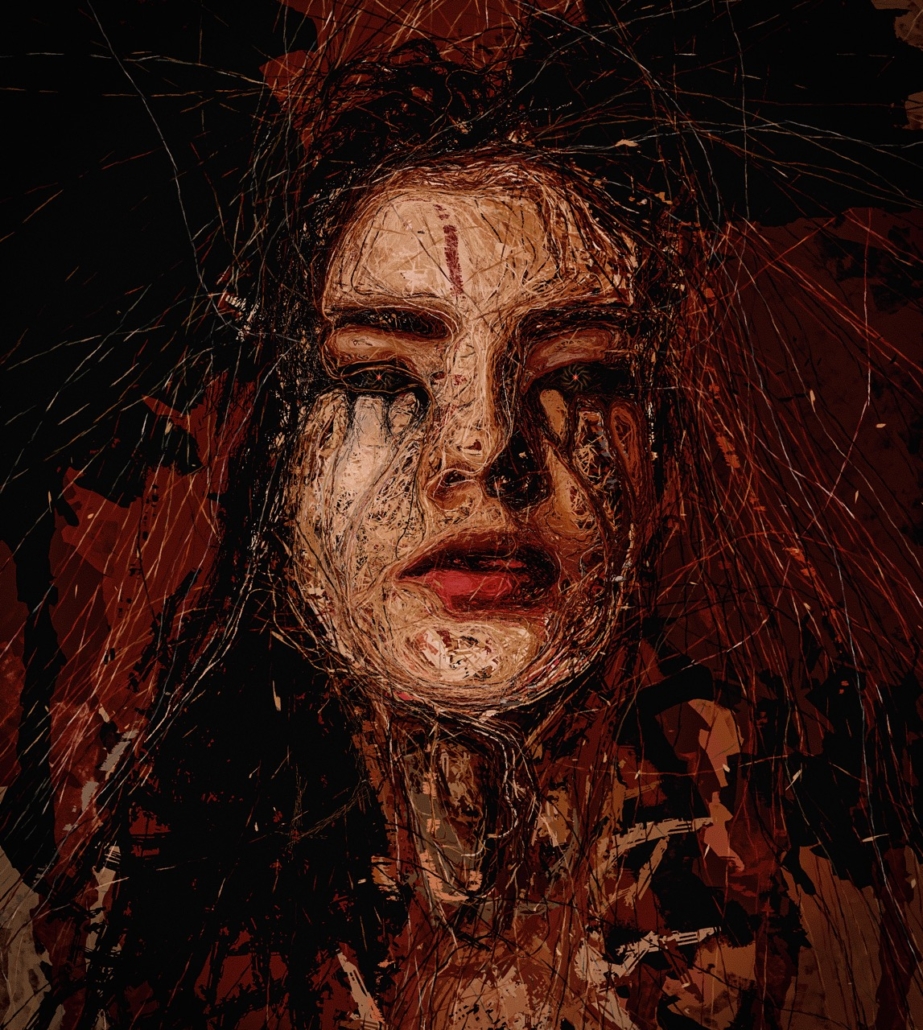 Retrato digital abstracto de mujer con líneas y texturas en tonos oscuros y rojizos.
