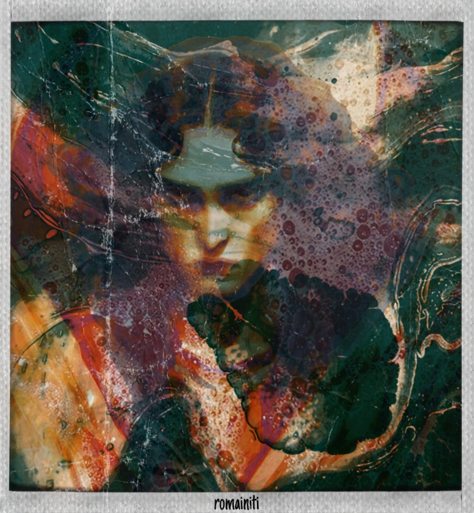 Retrato abstracto de rostro serio con superposición de texturas y colores oscuros y rojizos.