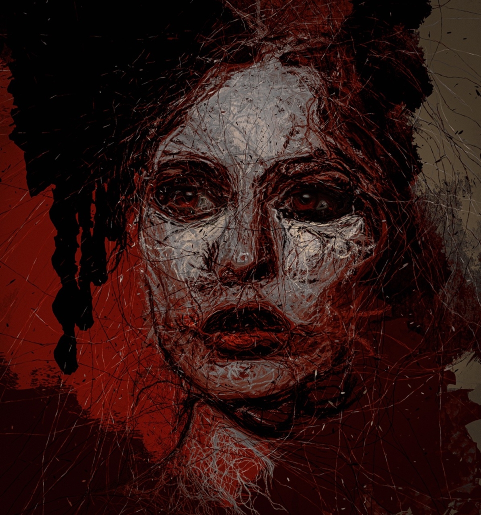 Retrato abstracto de mujer con expresión seria en tonos rojizos, negros y grises con trazos entrecruzados.