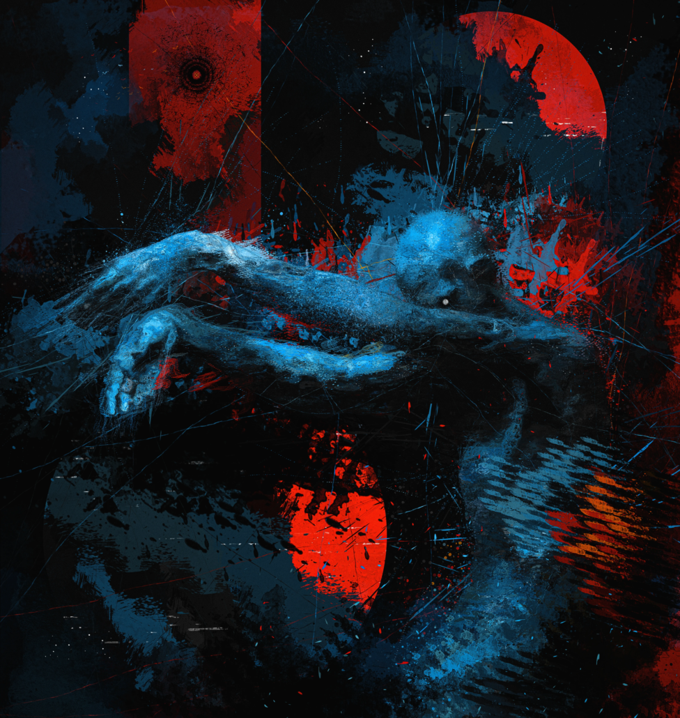 Figura humana azul con brazos extendidos en movimiento sobre fondo oscuro con manchas rojas y detalles abstractos.