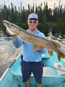 Man in blue hoodie holds large fish in boat on lake, surrounded by forest scenery.