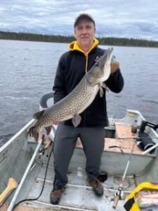 Person in a boat on a lake holding a large pike, forested shoreline in the background.