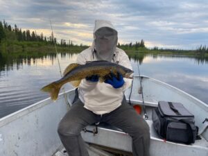 Person on boat holds large fish, with gear, lake, and forest under cloudy sky.