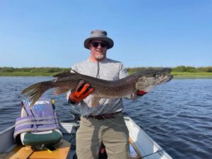 Person on boat holding large fish, wearing hat and sunglasses, with life jacket visible nearby.
