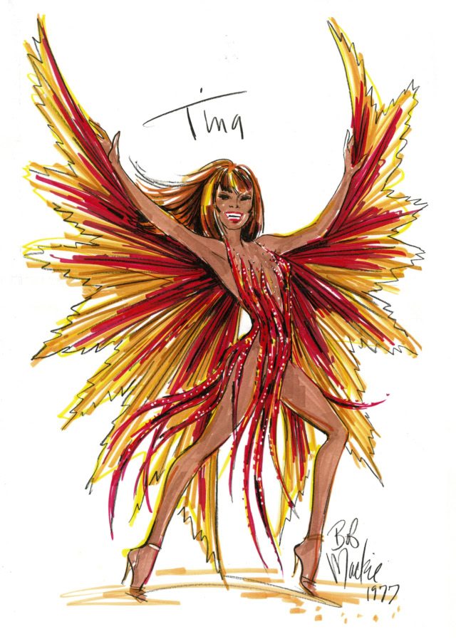 Sketch of Flame dress for Tina Turner by Bob Mackie, 1977. Original Artwork by Costume and Fashion Designer, Bob Mackie