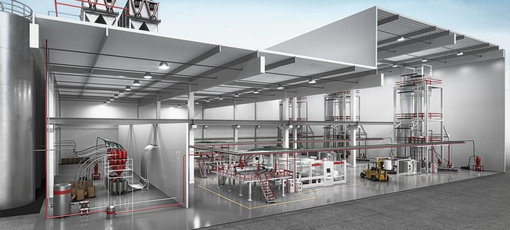 Industriehalle-Interior-Querschnitt-3D-Rendering Einblick in eine Industriehalle im Querschnitt als 3D Zeichnung