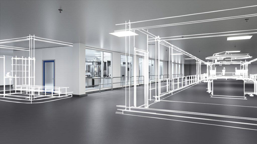 Industrievisualisierung_3D_Reinraum_Scribble Reinraum mit Kreidestrichen in der Planungsphase