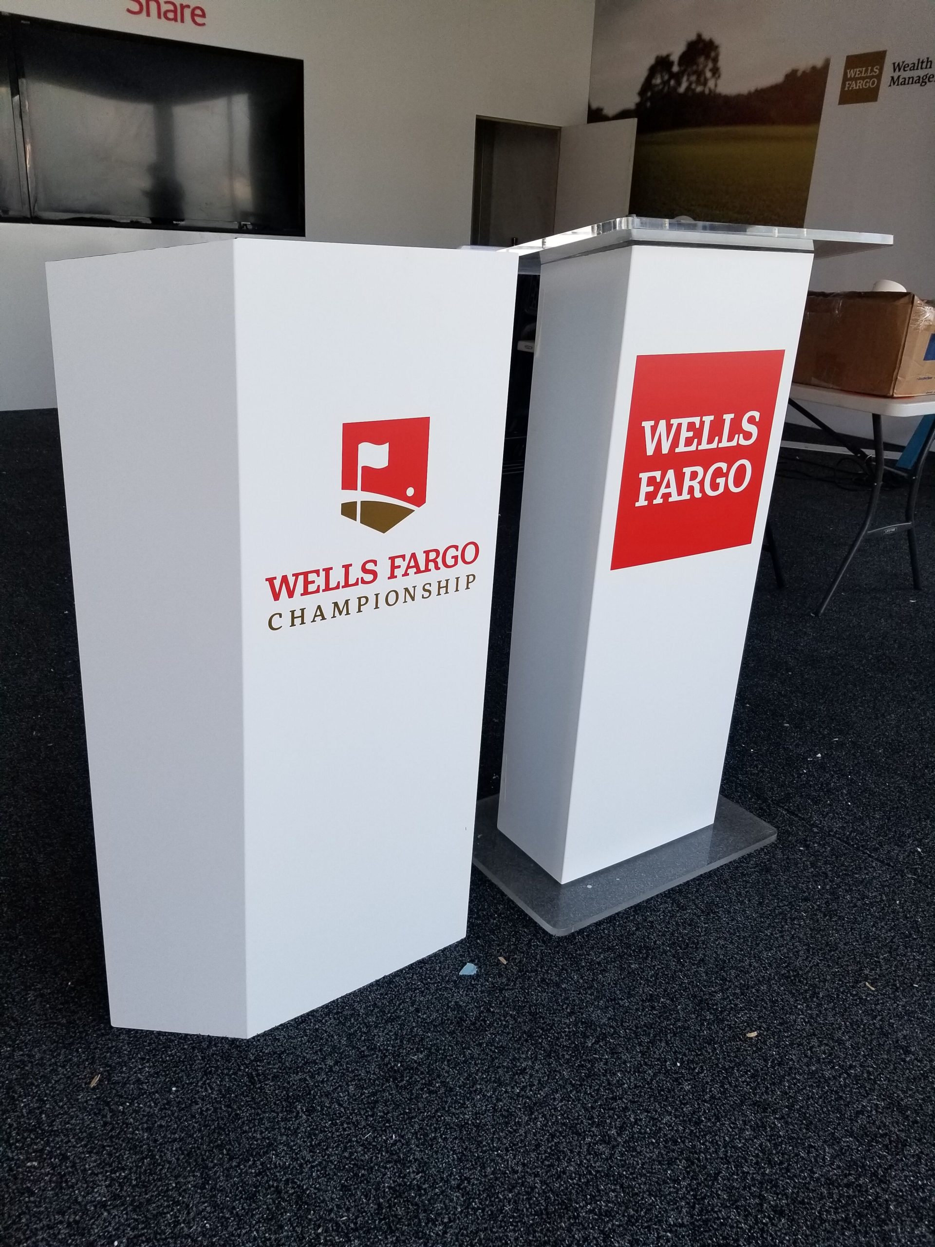 Custom podium cover direct printed on PVC bendable boards.