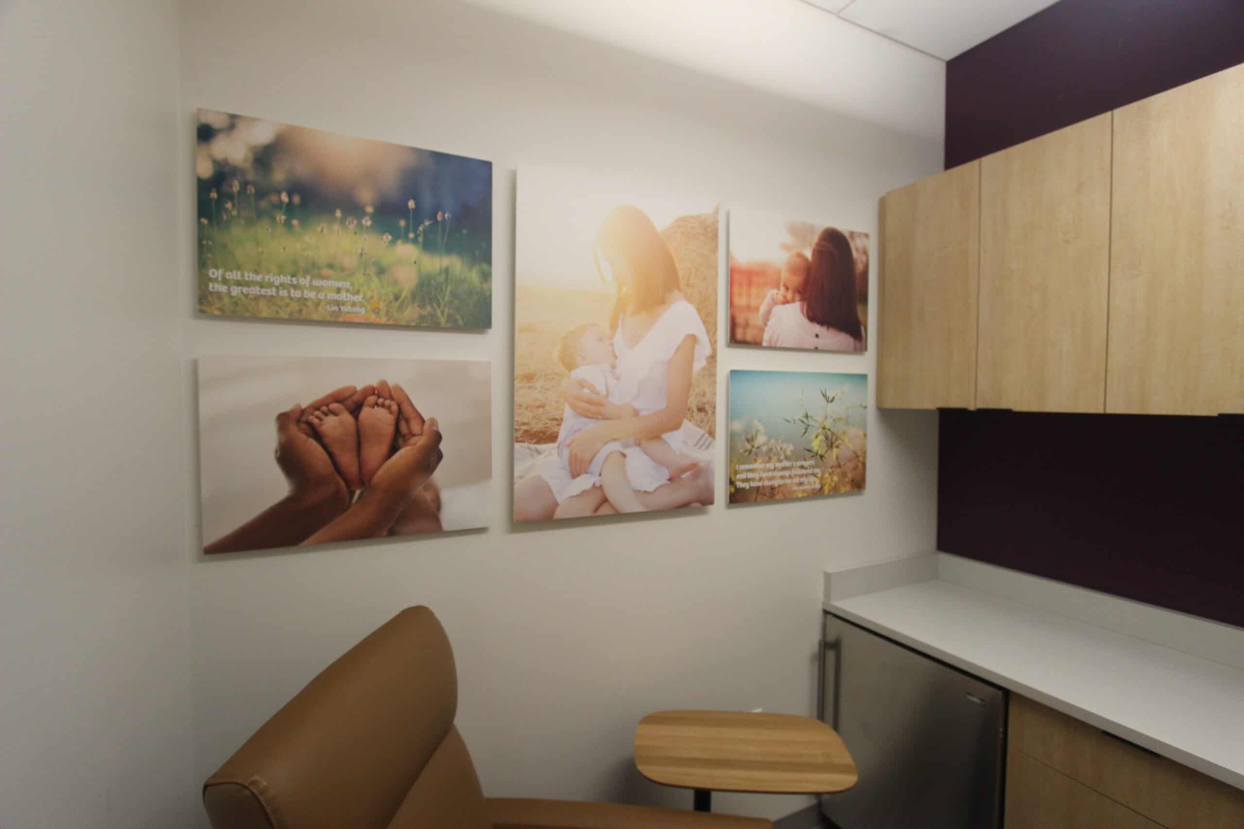 Colorful and inspirational posters that celebrate motherhood enhance the atmosphere of a mother's room.