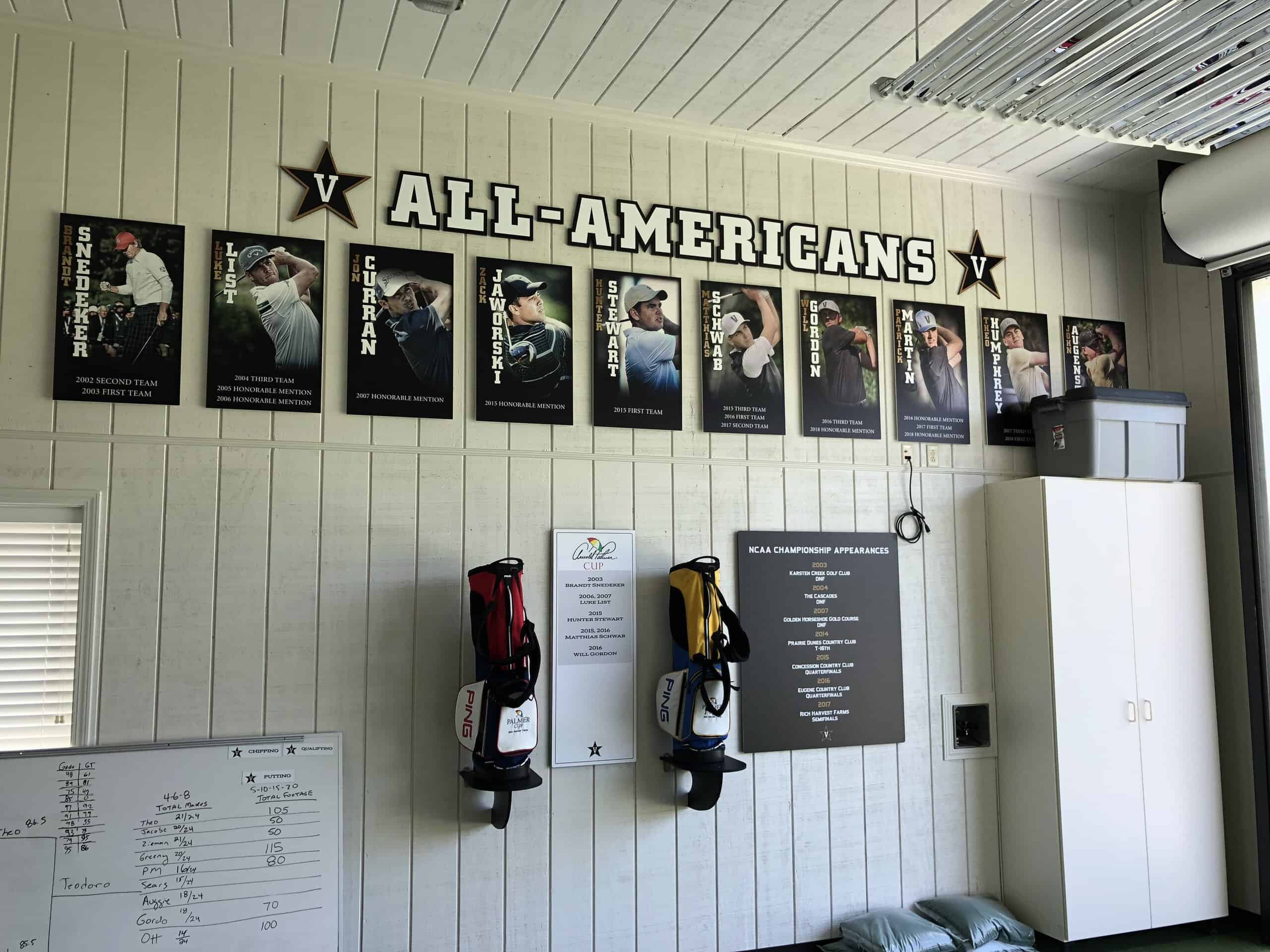 Posters showcasing the college golf team's All-American players are crafted from sturdy boards, built to endure the elements and celebrate excellence.