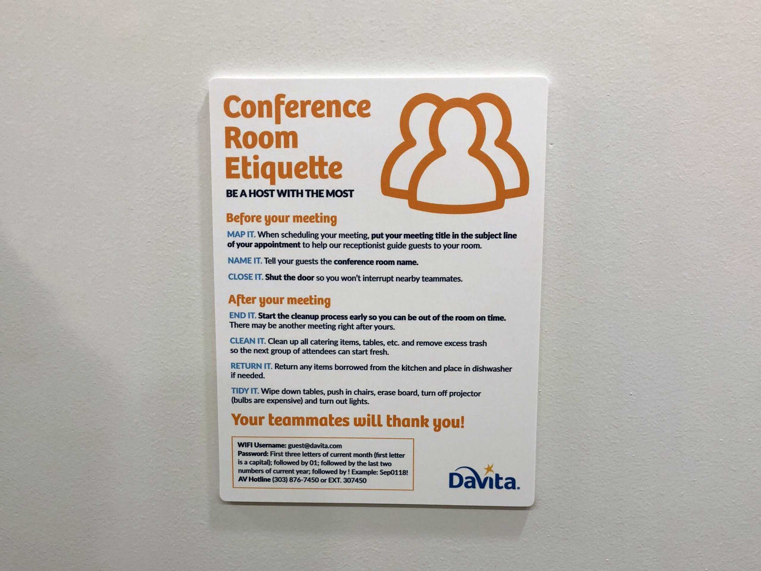 Conference room sign explaining the etiquette for the room.